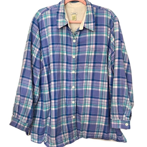 LL Bean Purple Plaid Fleece Lined Flannel Button Up Shirt Women's Plus Size 2XL - Picture 1 of 7